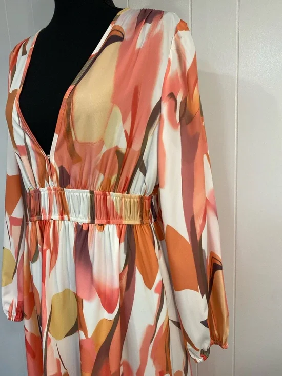 Romantic Flowing Maxi Dress V Neck Empire Waist | Boho Sunset Coral Pink Large - Picture 2 of 13